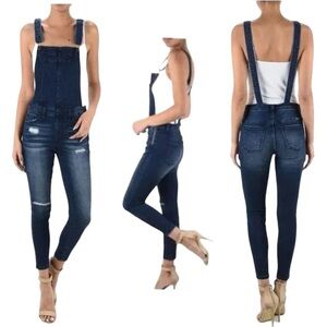 KanCan Dark Blue Distressed Denim Overalls
